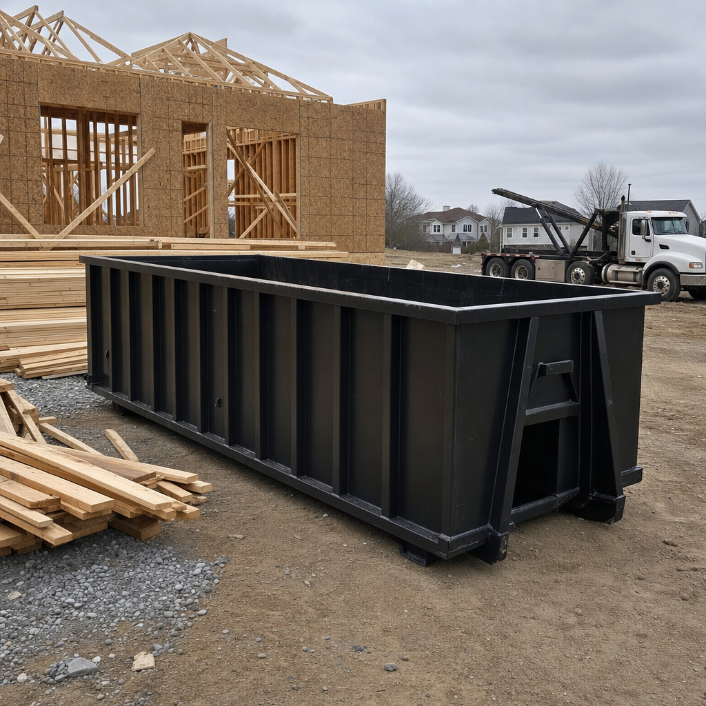 Matte-black 40-yard roll-off dumpster staged on a framed-out residential construction site in Evanston, framing lumber stacked nearby, hooklift delivery truck visible in the background under bright Colorado daylight