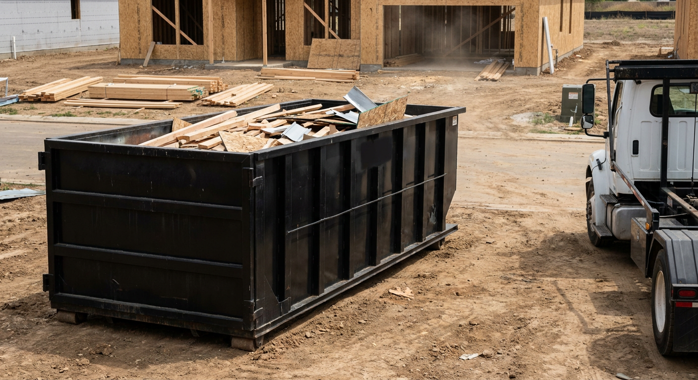 Matte-black 20-yard roll-off construction dumpster with heavy ribbed steel sidewalls and swing rear doors at a working jobsite in Evanston, sitting directly on compacted dirt with an unmarked white hauler partially visible at the far edge of the frame.