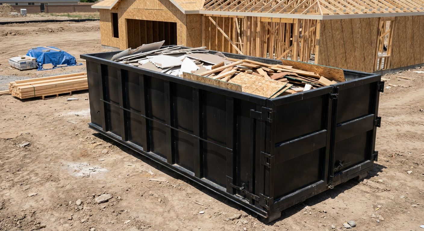 Matte-black 30-yard roll-off construction dumpster sitting directly on the compacted-dirt site of a framed single-family home build in Evanston, drywall and lumber scrap loaded inside.