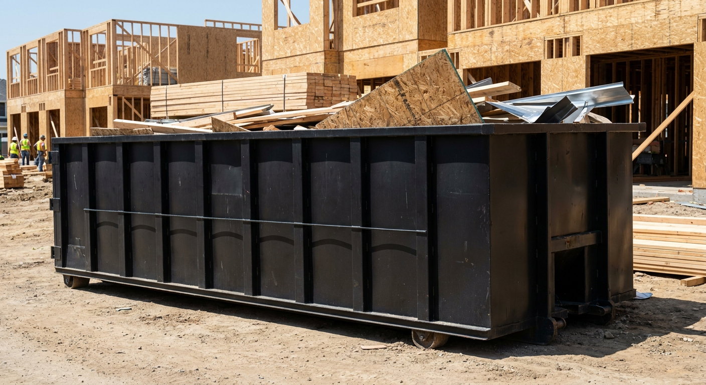 Matte-black 40-yard roll-off construction dumpster being lowered from a white-cab hooklift delivery truck onto the compacted-dirt jobsite at a commercial build site in Evanston