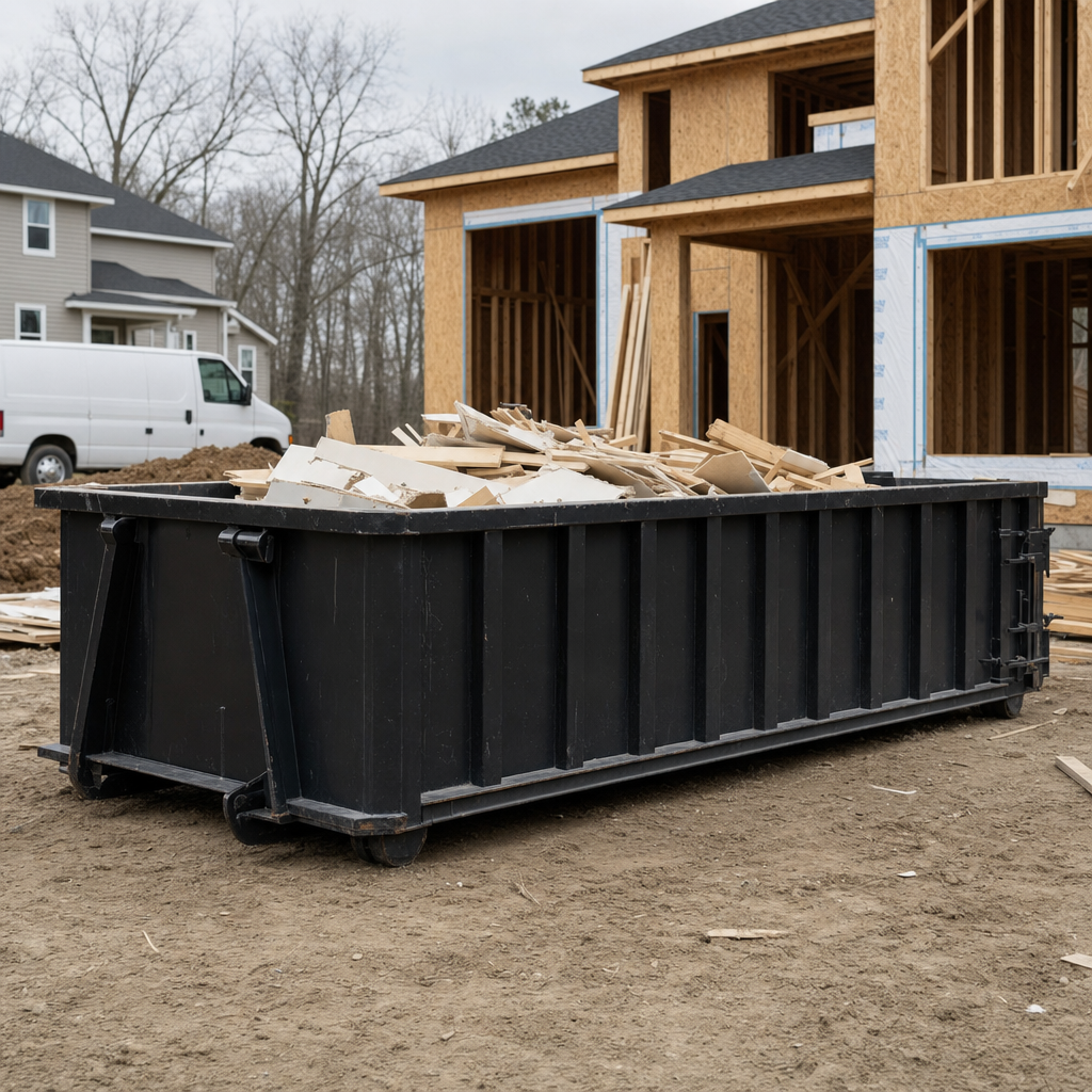 Worker in a yellow high-visibility vest tossing framing lumber and broken drywall into a matte-black 30-yard construction roll-off dumpster on an active build site in Evanston, bright daylight