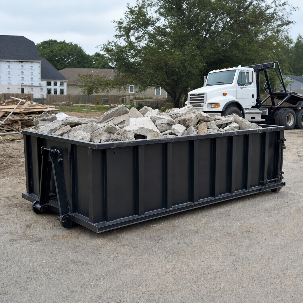 Low-profile matte-black lowboy roll-off dumpster loaded with broken concrete slab and rebar at a foundation tear-out in Evanston, skid steer parked beside it, sunny Colorado morning