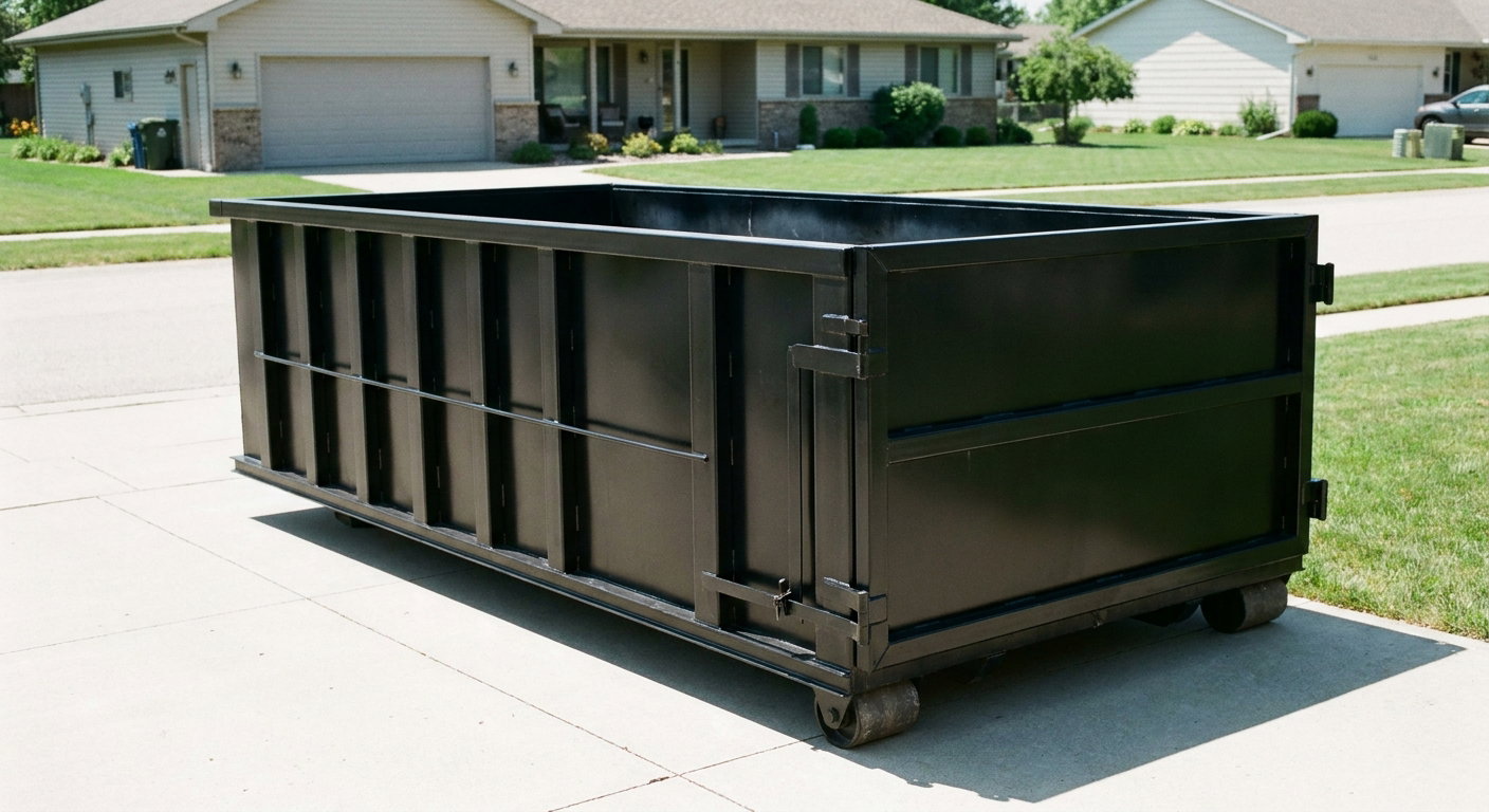 Matte-black 10-yard roll-off dumpster on a residential concrete driveway in Evanston, uniformly painted matte black across every panel and rail, ribbed steel sidewalls and rear swing door visible, mid-day daylight.