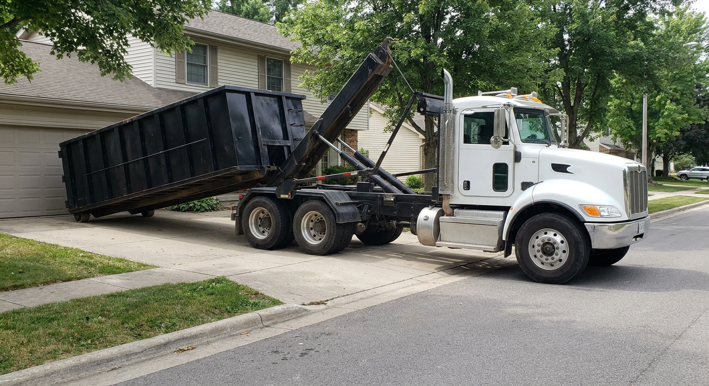 White-cab hooklift roll-off truck actively lowering a matte-black dumpster onto a Evanston residential concrete driveway, the dumpster's rear wheels touching the driveway as the hoist arm tilts the bed forward, mid-morning daylight.