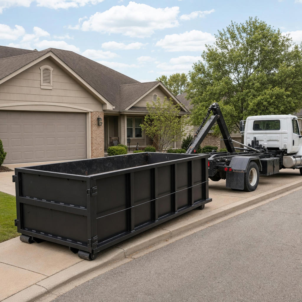 Wide documentary shot of a matte-black roll-off dumpster on a Evanston residential driveway in the foreground and a contractor jobsite container in the soft-focus background, bright daylight, calm and orderly composition.