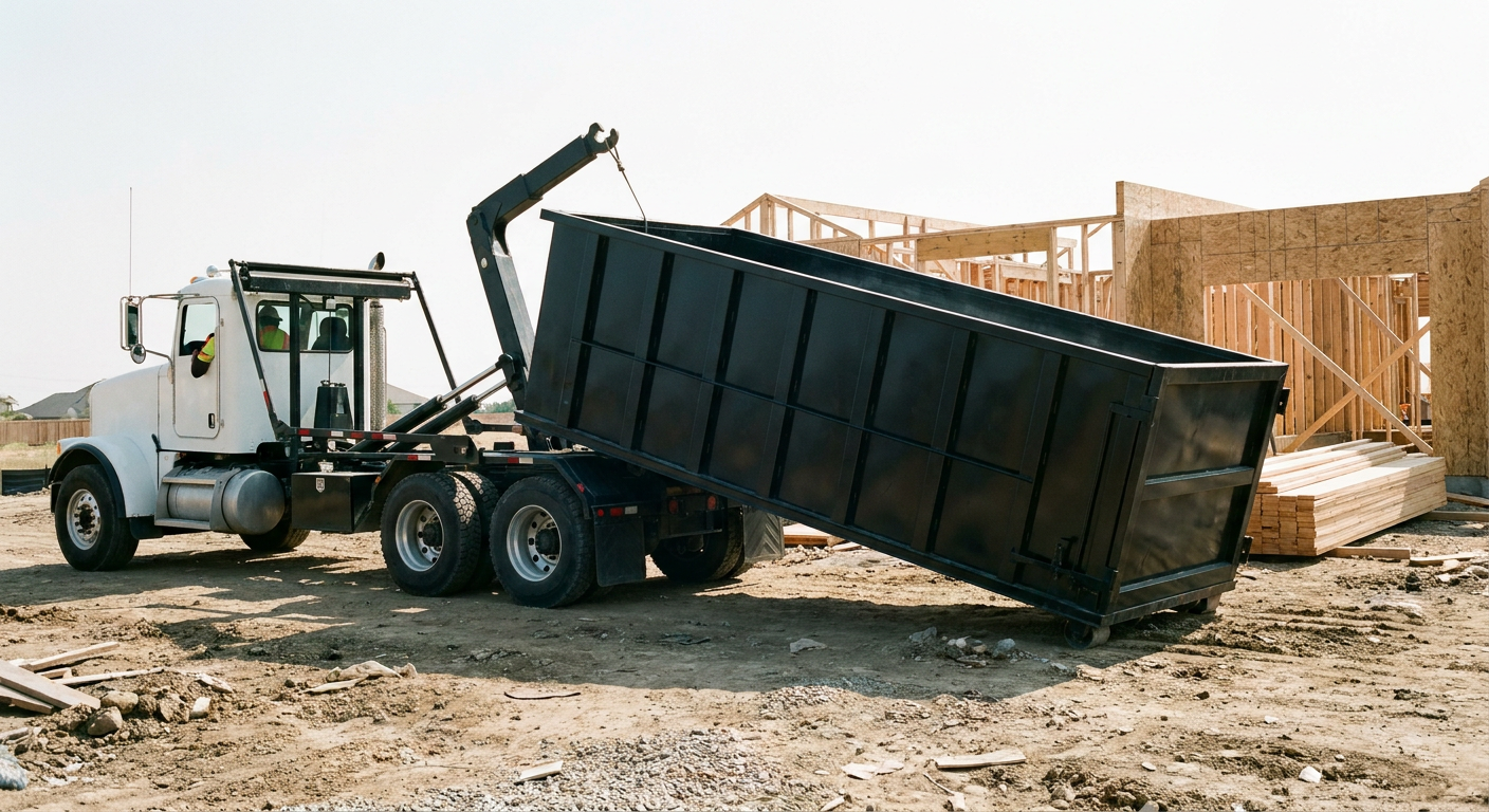 Matte-black roll-off dumpster being delivered onto a clean residential concrete driveway in Evanston by an unmarked white hooklift hauler truck, bright morning daylight, documentary 35mm perspective.