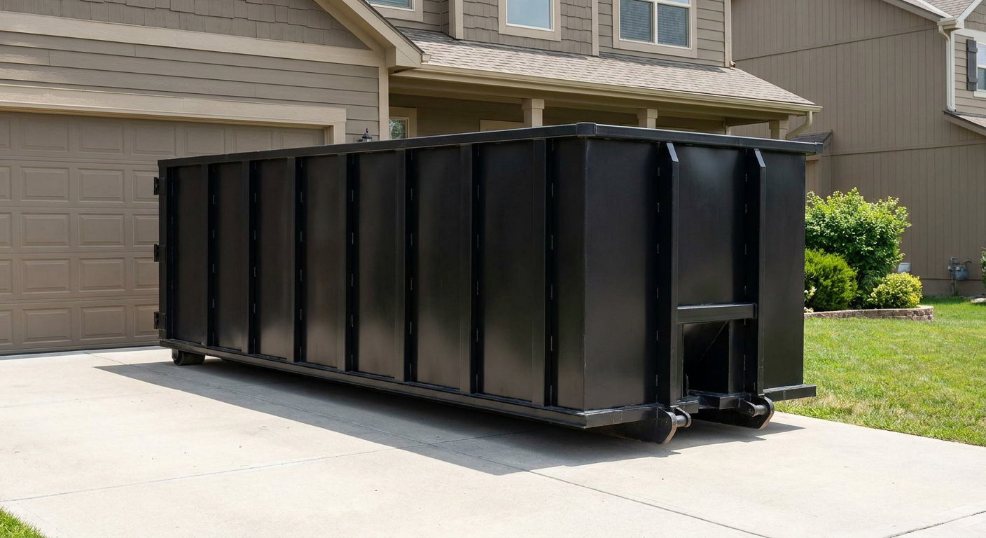 Matte-black residential roll-off dumpster sitting directly on a suburban Evanston concrete driveway, garage door closed, single-family home in background, bright morning daylight.
