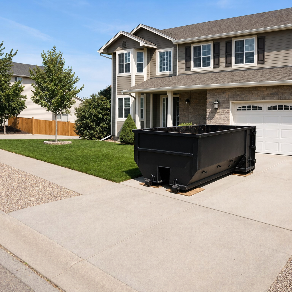 10-yard matte-black residential dumpster placed directly on a narrow Evanston concrete driveway, room remains for a parked sedan beside it, mid-morning natural light