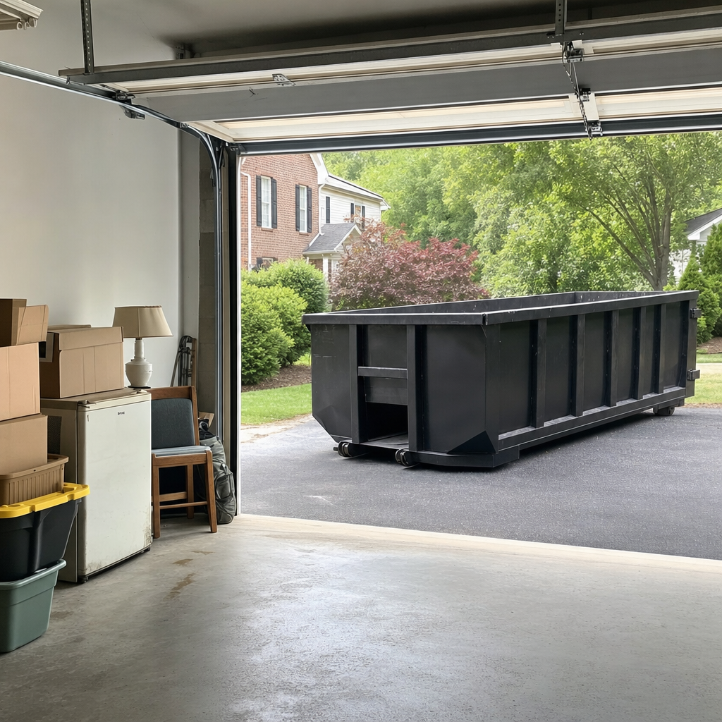 Open garage interior in a Evanston home mid-cleanout — boxed items, an old appliance, and stacked yard tools queued near the driveway for a matte-black roll-off dumpster, organized and calm