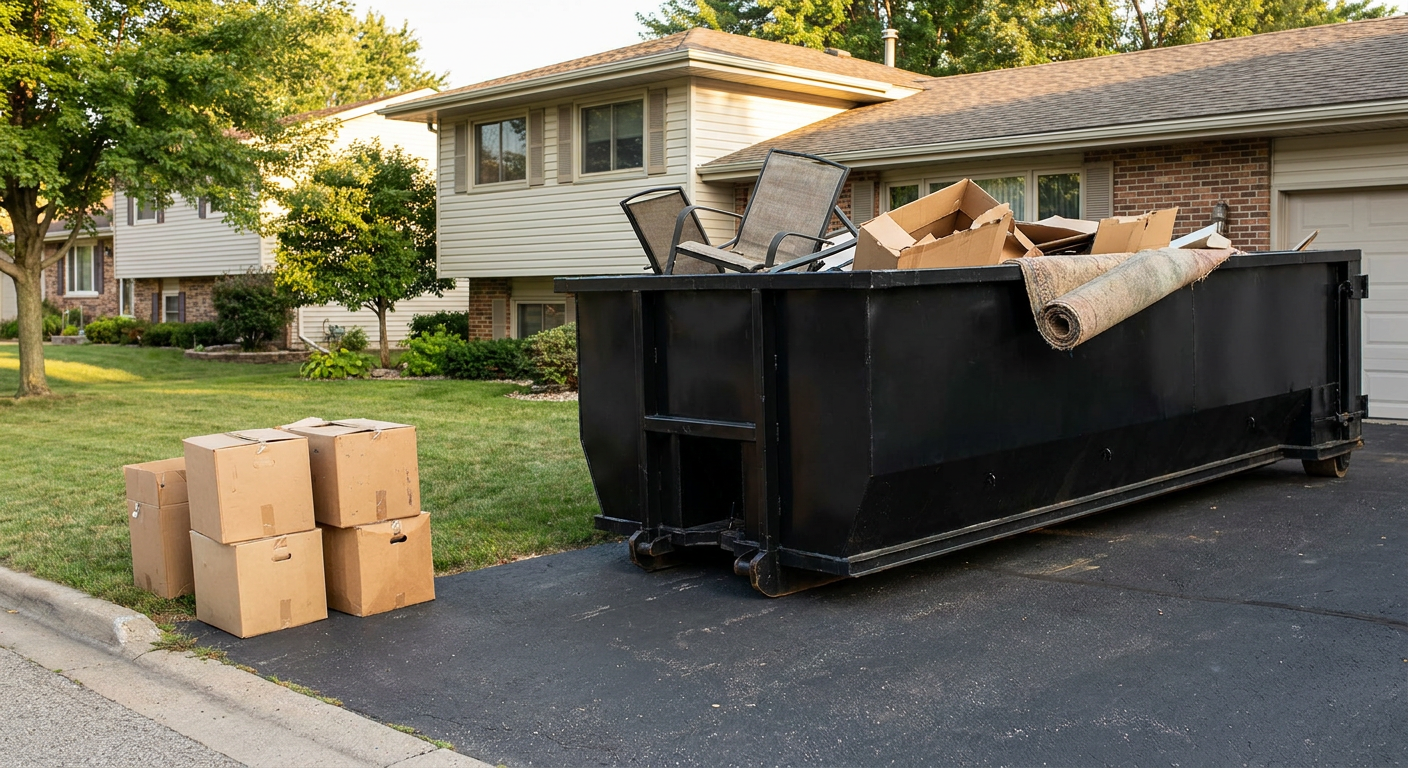 Front-yard view of a Evanston split-level home with a 20-yard matte-black roll-off dumpster sitting directly on the asphalt driveway, a few clearly labeled donation boxes staged at the curb, calm sunny afternoon.