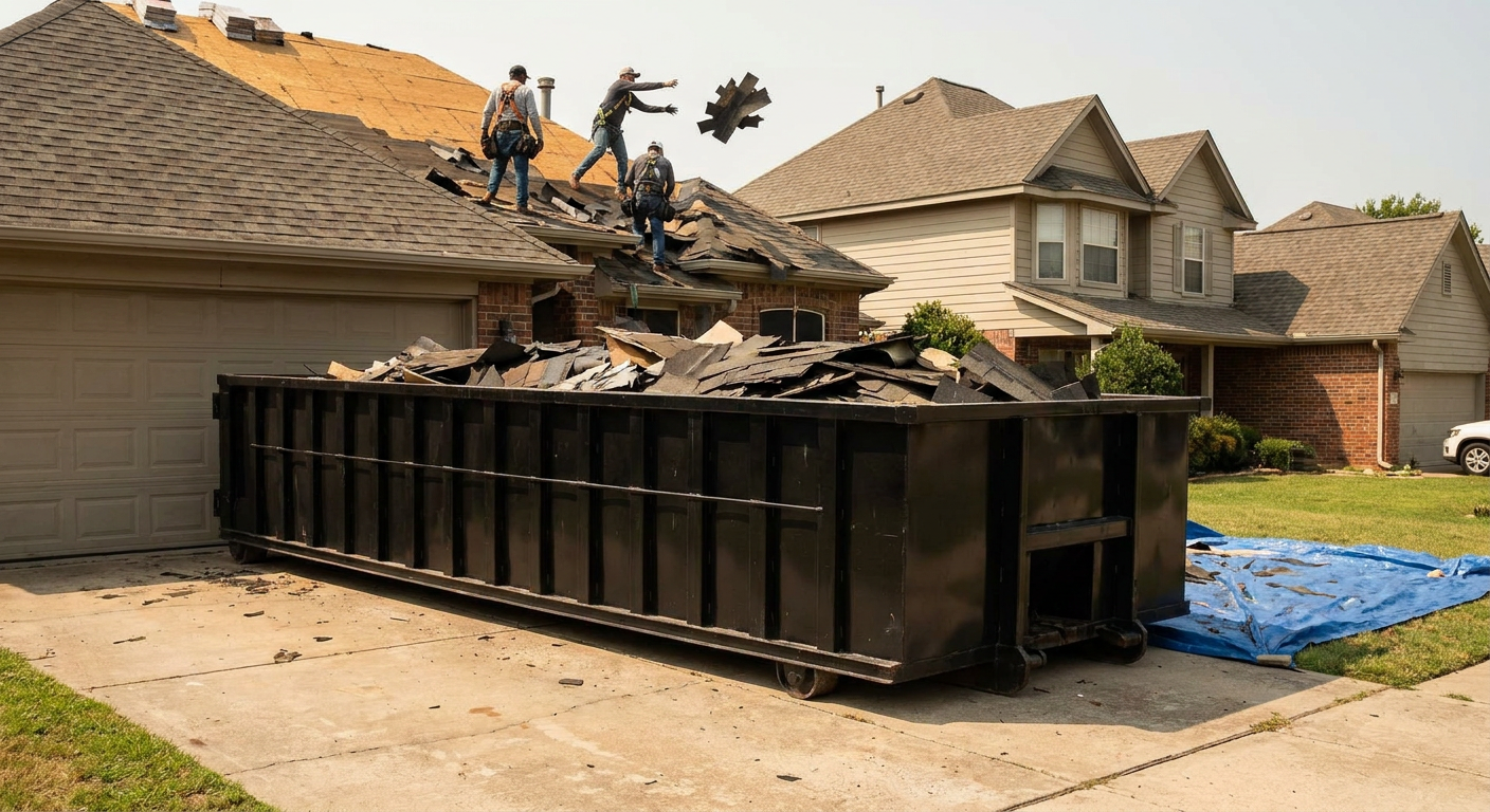 Matte-black roofing roll-off dumpster placed directly on a Evanston residential concrete driveway, a tear-off crew on a two-story asphalt-shingle roof tossing shingle bundles into the low-walled container, bright daylight, documentary 35mm perspective.