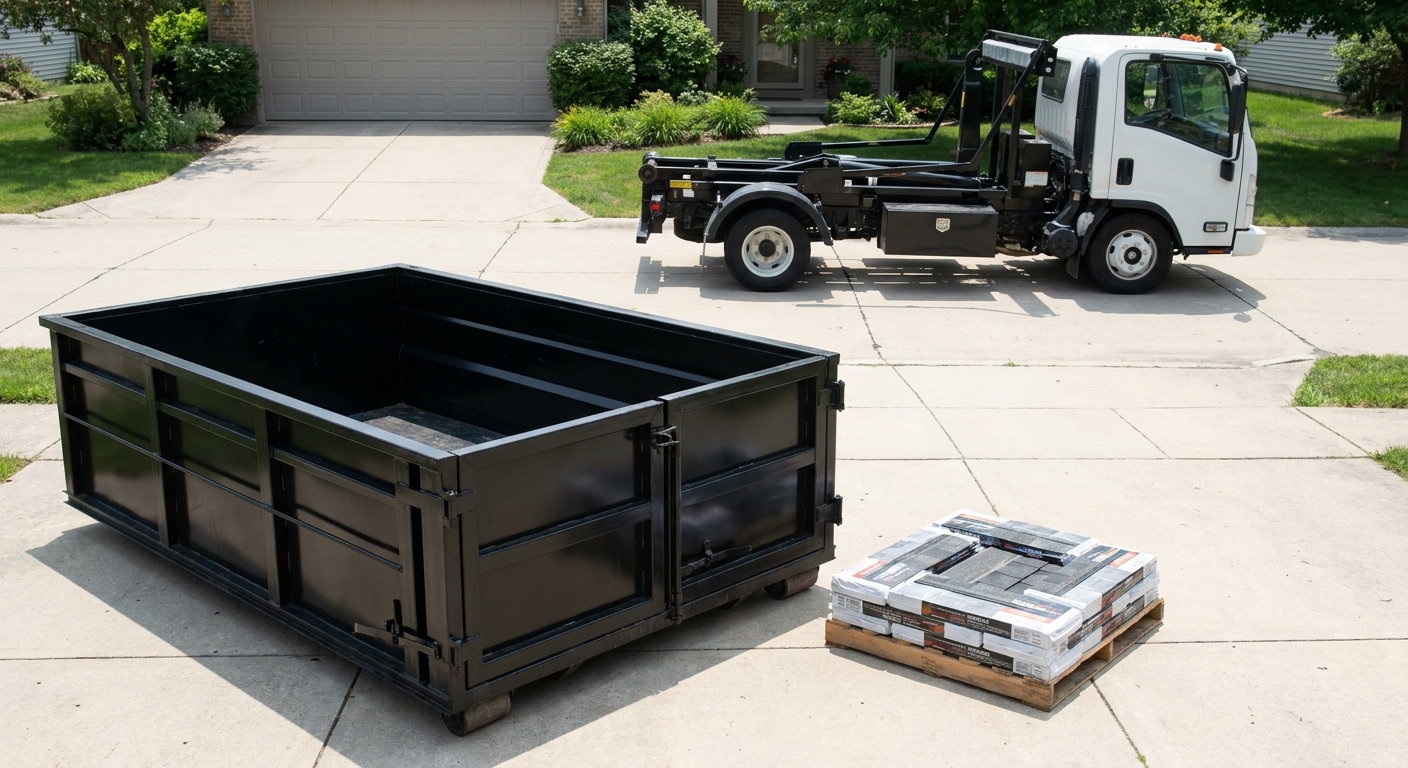 Matte-black 15-yard roofing roll-off dumpster with reinforced low side walls sitting directly on a Evanston residential concrete driveway, three-tab asphalt shingle bundles stacked nearby, an unmarked white hauler truck partially visible at the edge of the frame.