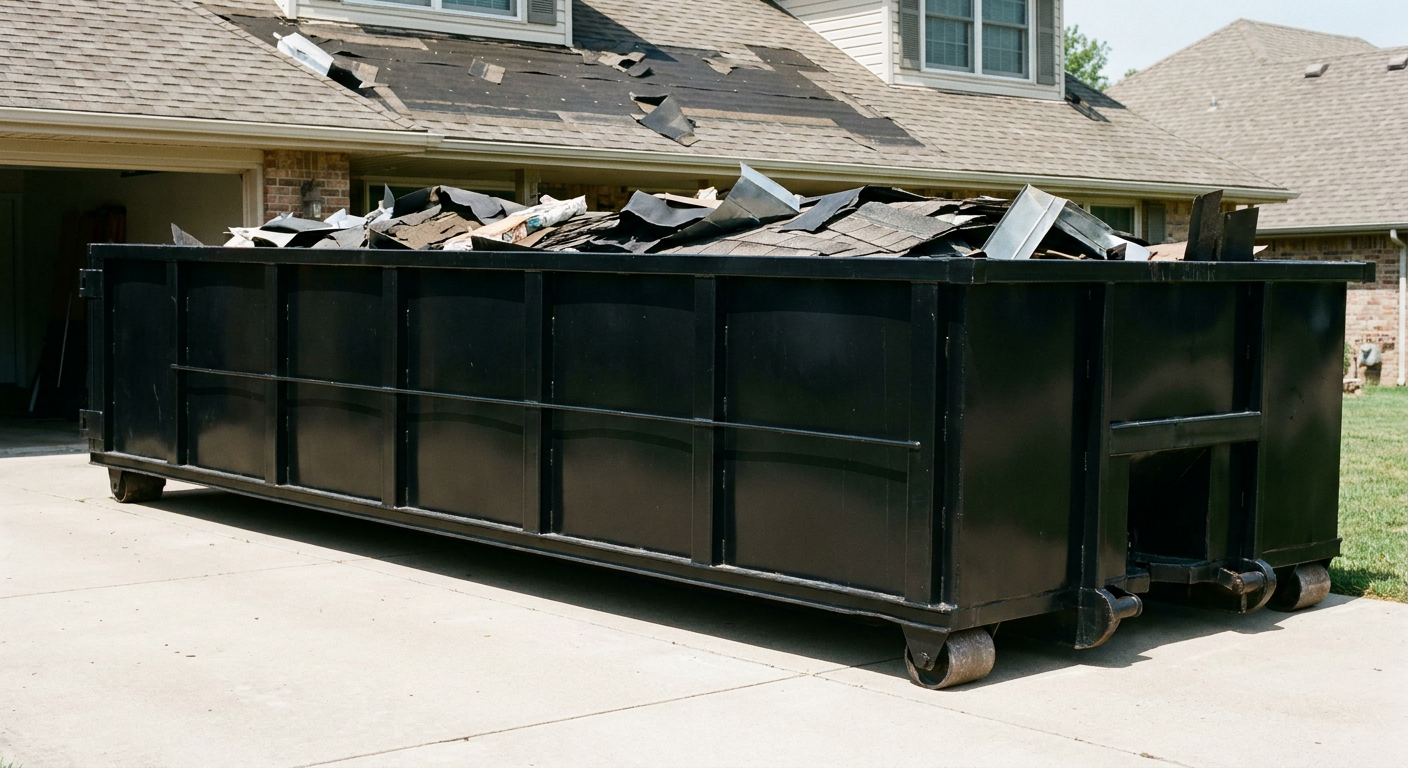 Matte-black 20-yard roofing roll-off dumpster with steel ribbed sides and swinging rear door, sitting directly on the concrete driveway of a two-story Evanston home, asphalt shingle debris being loaded over the low wall, clean documentary lighting.