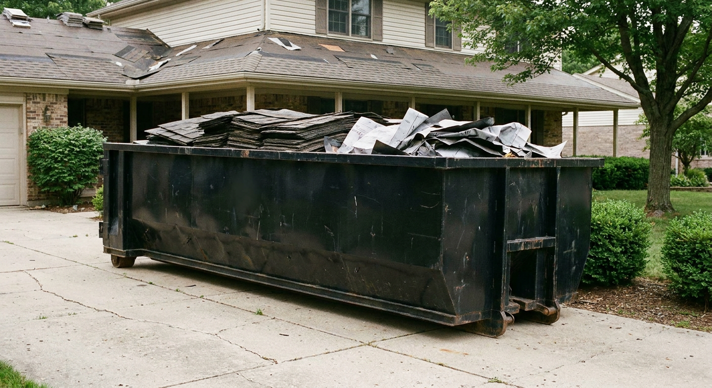 Matte-black 30-yard roofing roll-off dumpster sitting directly on a Evanston concrete driveway, taller ribbed steel side panels, mixed tear-off debris of asphalt shingles and underlayment inside, professional documentary daylight.