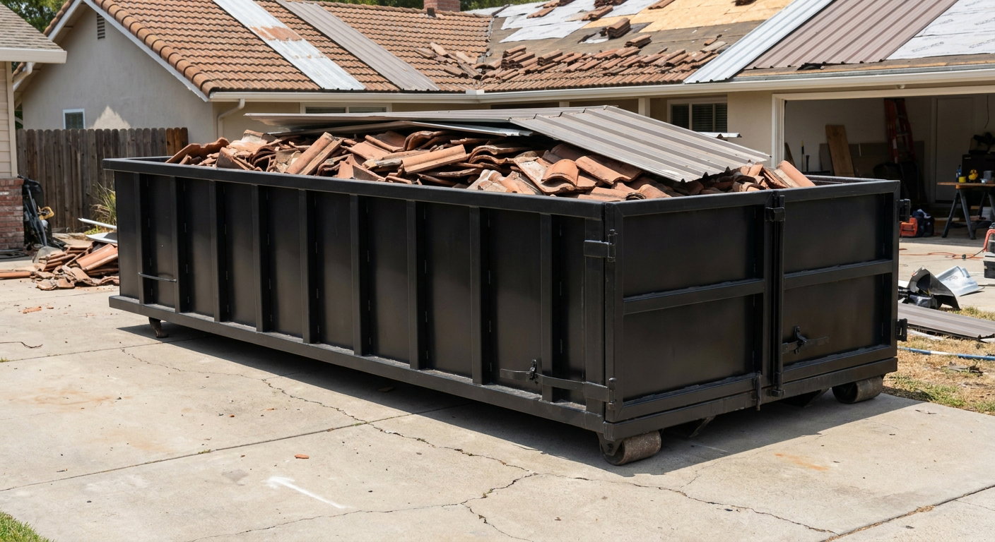 Matte-black low-wall heavy-debris roofing roll-off dumpster sitting directly on a Evanston concrete driveway, broken concrete clay roof tiles and metal panel sections loaded inside, reinforced ribbed steel side walls visible, bright outdoor daylight.