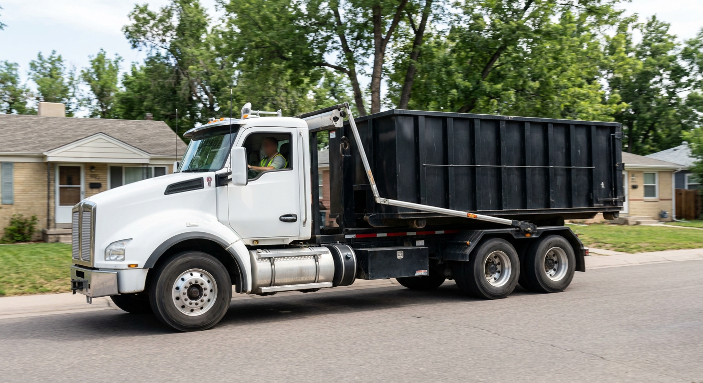 A wide documentary shot of a matte-black roll-off delivery truck pulling onto a quiet Evanston residential street at mid-morning, with neighborhood rooftops and tree-lined blocks visible behind, showing the metro coverage footprint.