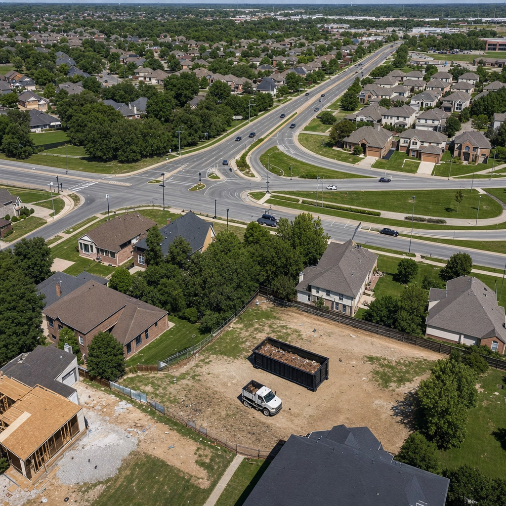 An overhead documentary view of the Evanston metro area at midday, showing the spread of neighborhoods, arterial roads, and the dispatch radius from a central yard — clean daylight, organized geographic layout.