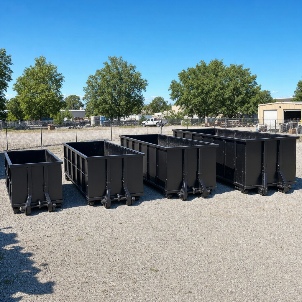 A clean lineup of matte-black roll-off dumpsters in 10, 20, 30, and 40-yard sizes staged on a sunlit gravel yard in Evanston, showing the size progression from compact to commercial-scale containers.