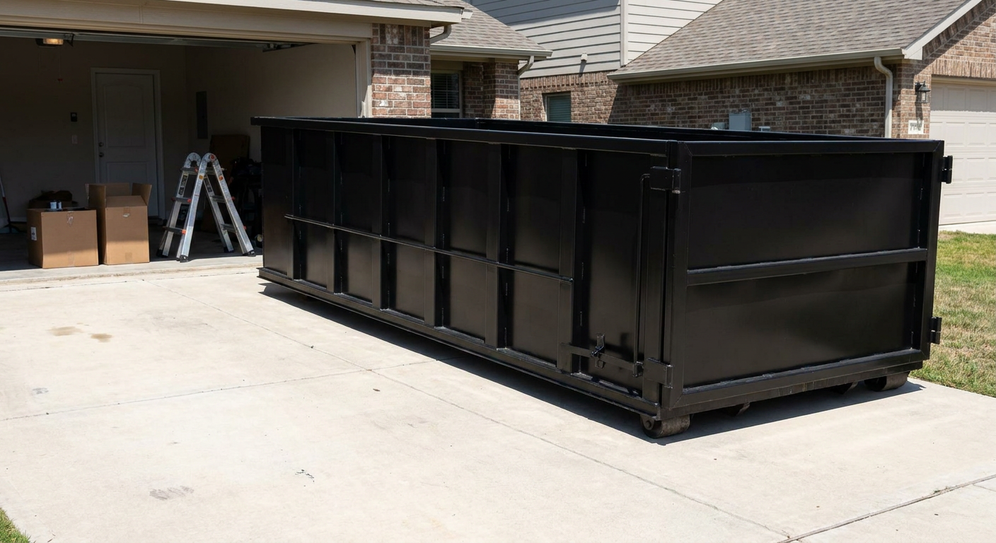 A matte-black 10-yard roll-off dumpster sitting directly on a residential Evanston concrete driveway, mid-day sunlight, clean and ready for a garage cleanout.