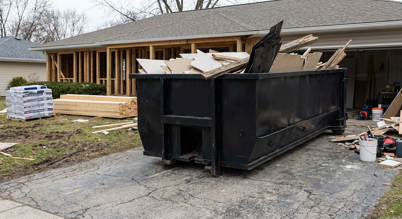 A matte-black 20-yard roll-off dumpster placed alongside a mid-renovation Evanston home directly on the asphalt driveway, with framing materials and torn-off shingles staged neatly nearby.