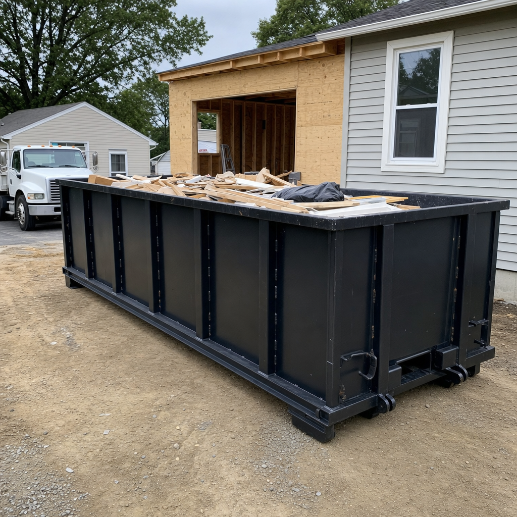 A matte-black 30-yard roll-off dumpster positioned at a Evanston residential addition jobsite, with framing lumber and drywall scraps loaded through the open swinging rear doors.