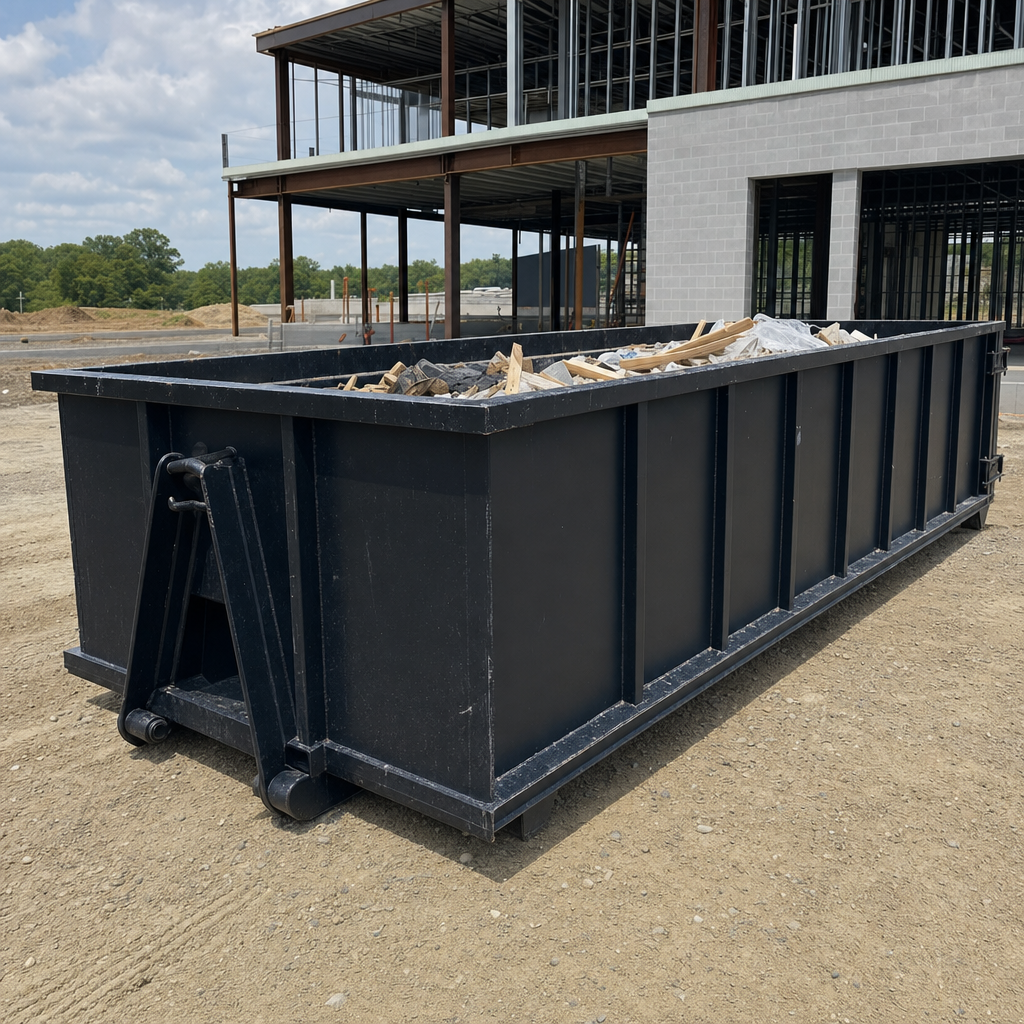 A matte-black 40-yard roll-off dumpster staged on a large Evanston commercial construction lot, with a hooklift delivery truck parked alongside under bright midday sky.