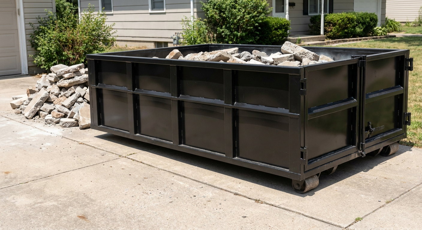 A matte-black low-side heavy-debris roll-off dumpster placed directly on a Evanston concrete driveway, with broken concrete chunks neatly stacked beside it under clean daylight.